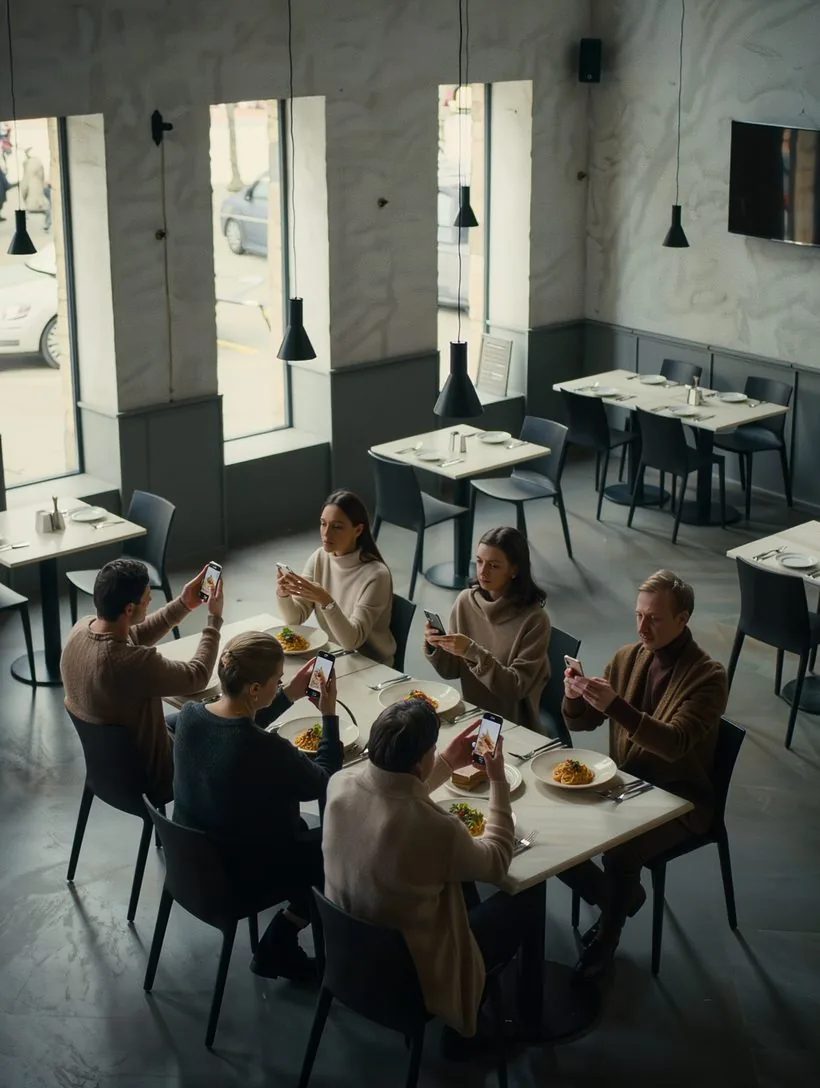 Persone in un ristorante moderno che usano lo smartphone
